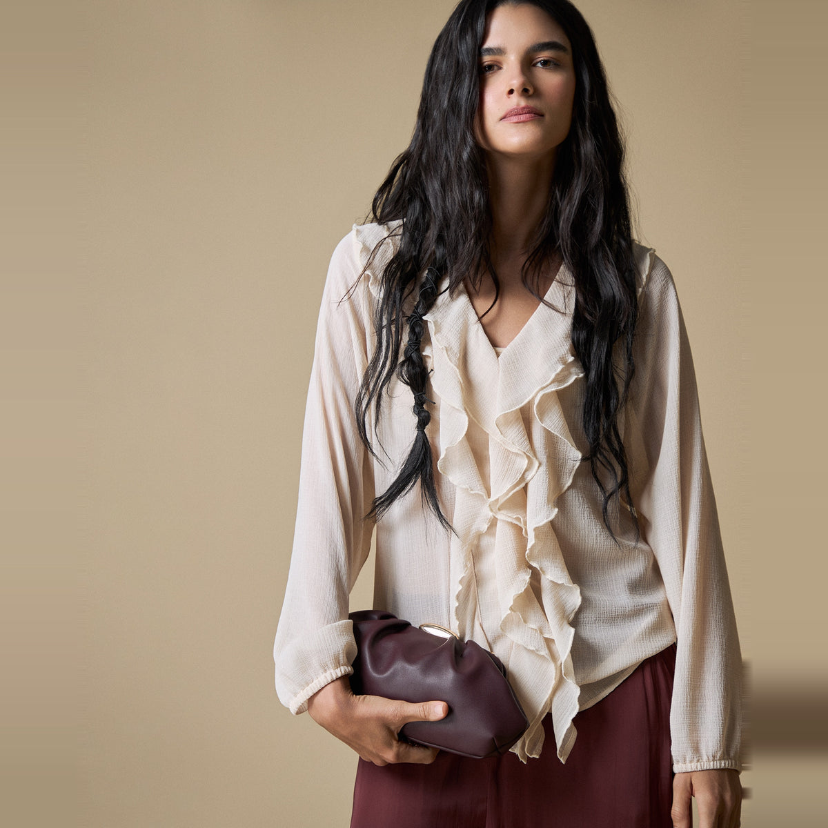 Esprit | Camisa Manga Larga Cuello V Volantes