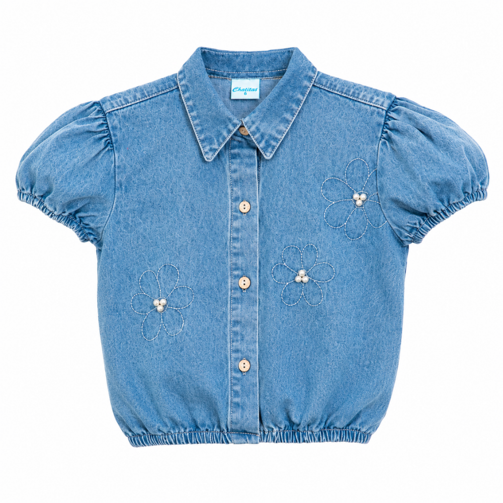 Cherinne | Blusa Denim con Bordado Floral y Mangas Fruncidas para Niña