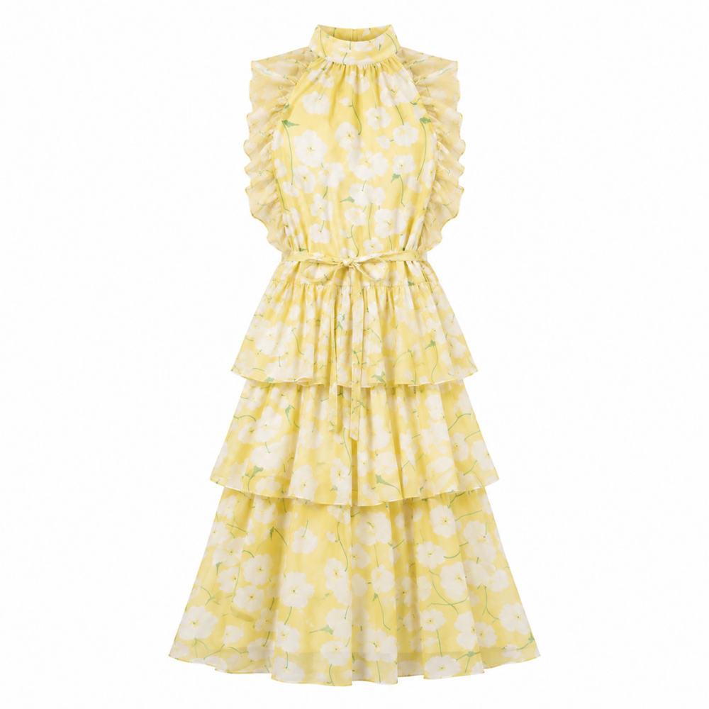 Olea | Vestido Largo con Cuello Halter y Volantes en Capas para Dama