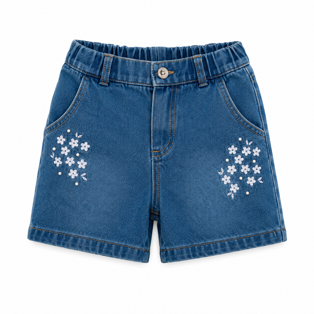 Cherinne | Short Denim con Bordado Floral y Detalles Decorativos para Niña