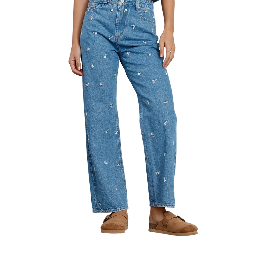 Naf Naf | Jean Straight Tiro Alto Con Bordados De Flores