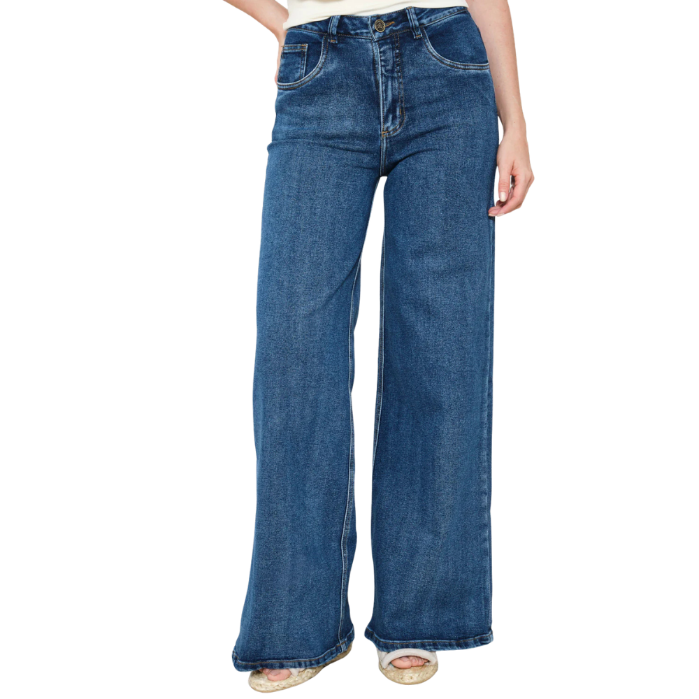 Jean Marea wide leg azul índigo - vista frontal pierna ancha bolsillos delanteros denim