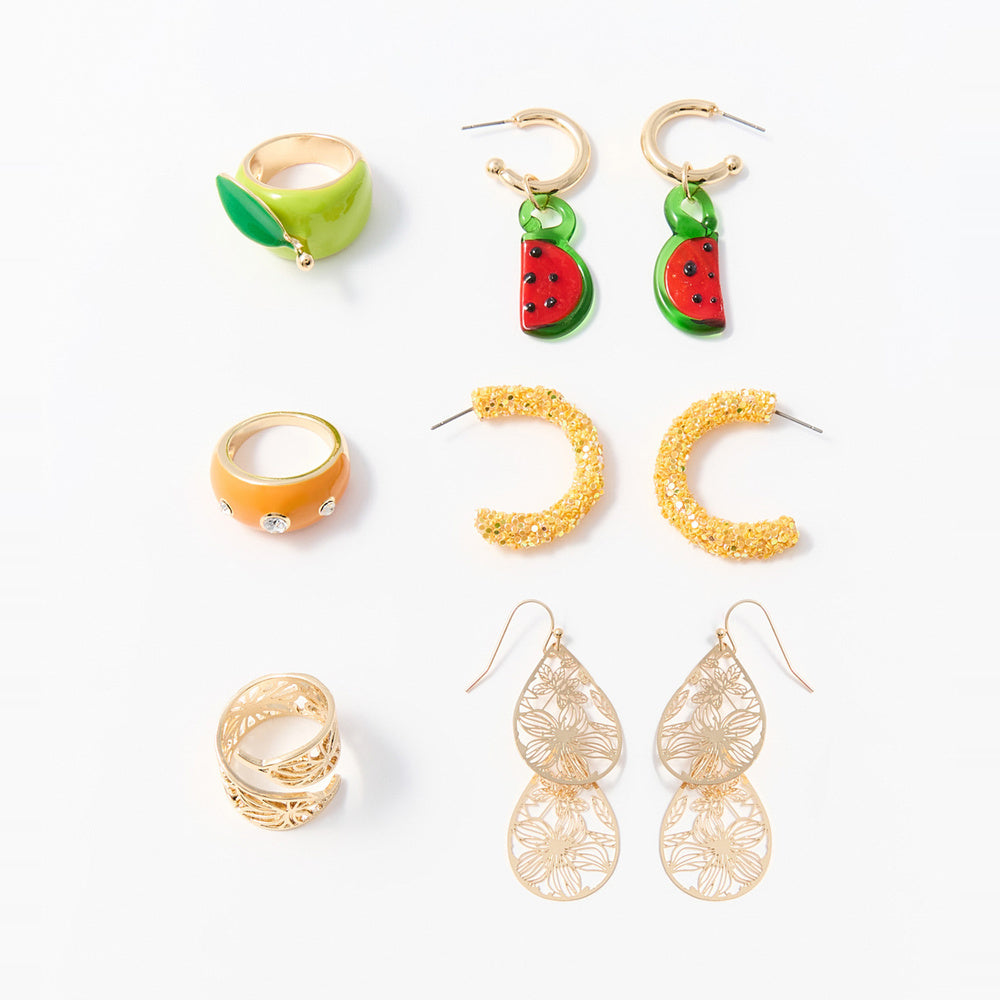 Sfera Conjunto de 6 aretes y 3 anillos de frutas Multicolor