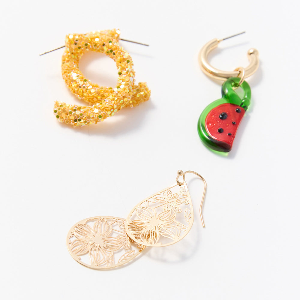 Sfera Conjunto de 6 aretes y 3 anillos de frutas Multicolor