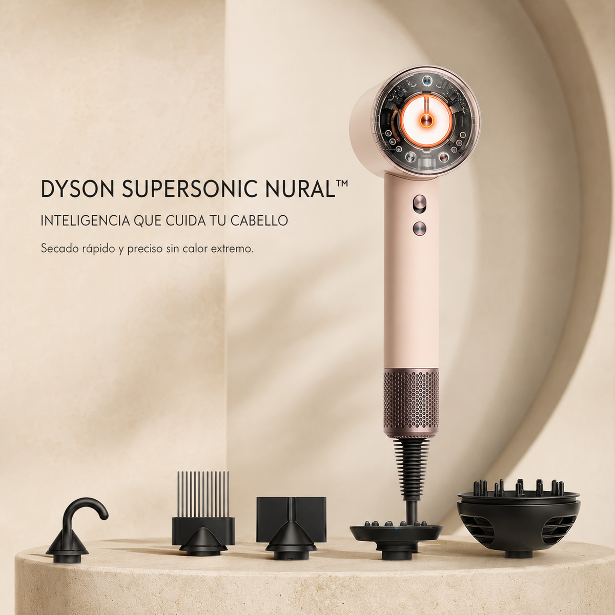 Dyson  Secador Supersonic Nural Ceramic en color rosa con accesorios para un secado rápido y preciso sin calor extremo.