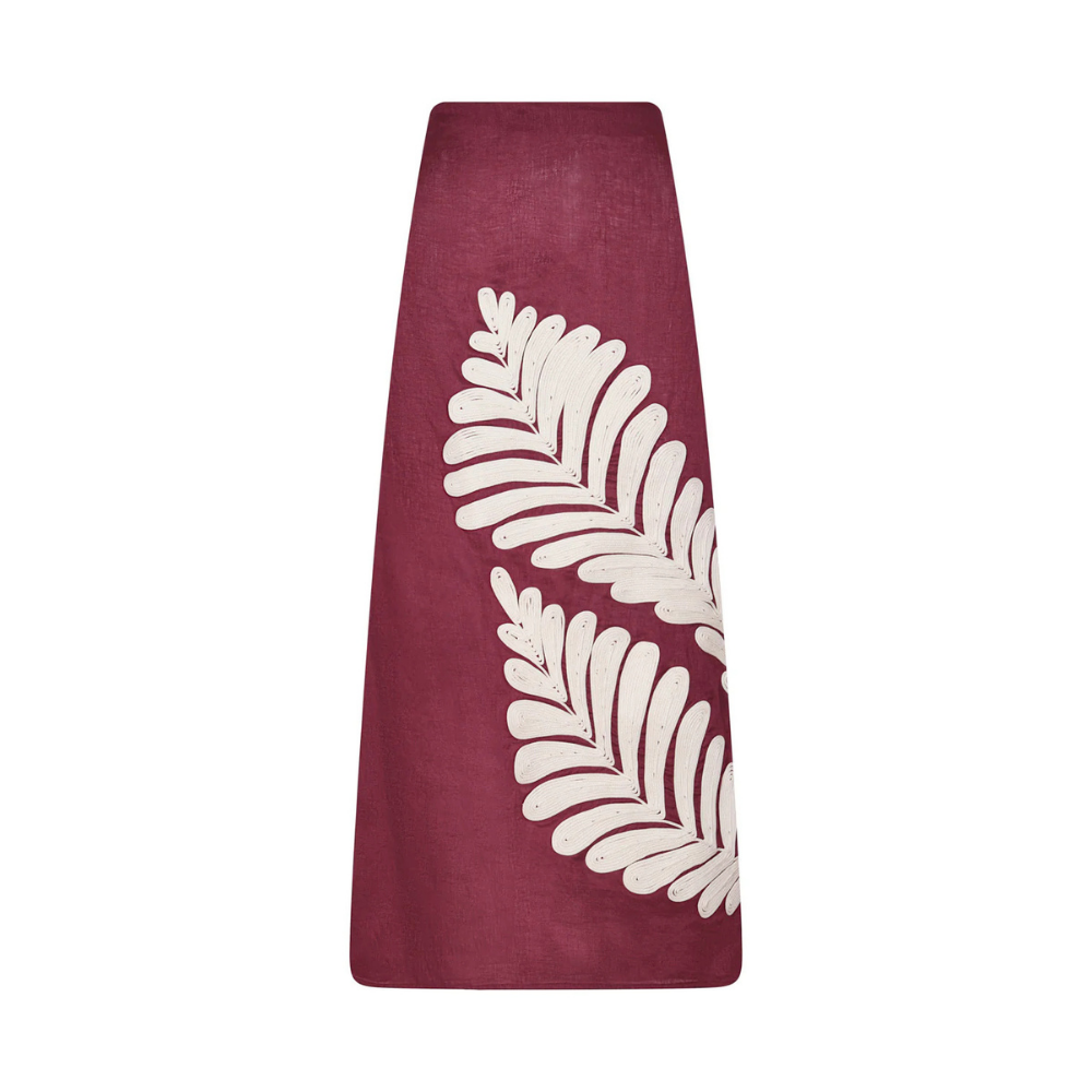 Falda Marbella columna lino bordado artesanal - vista lateral vinotinto caída lino 100% fit regular