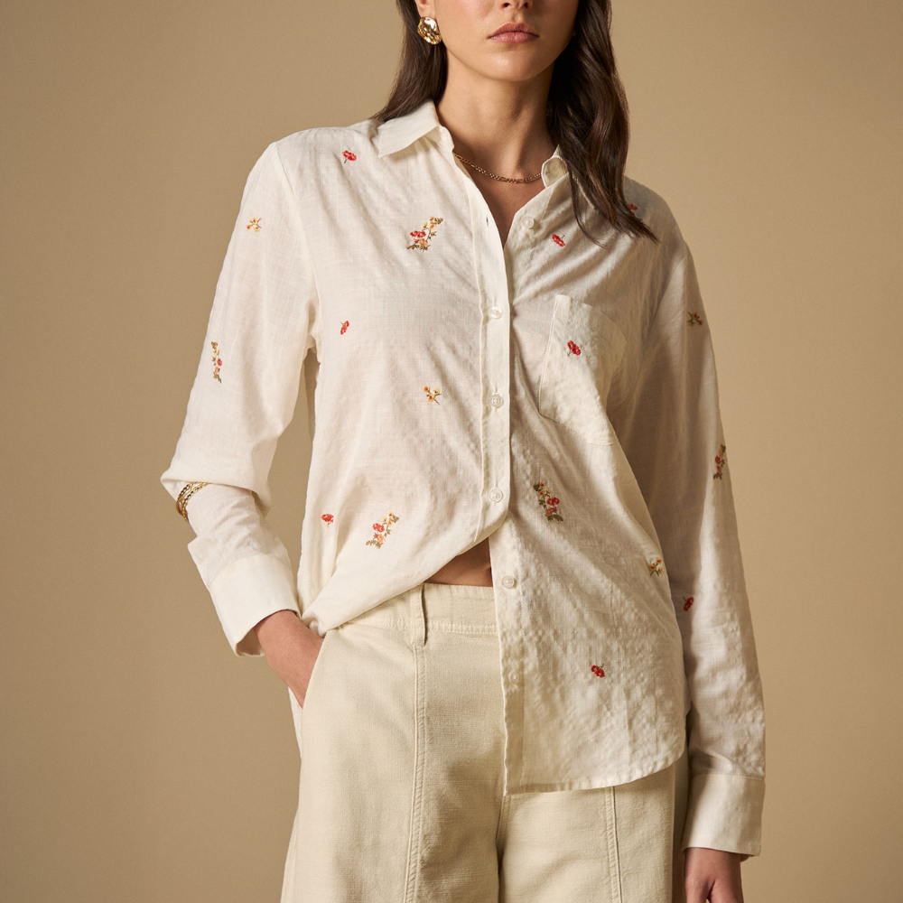 Esprit | Camisa Clásica Con Bordados Florales Para Mujer