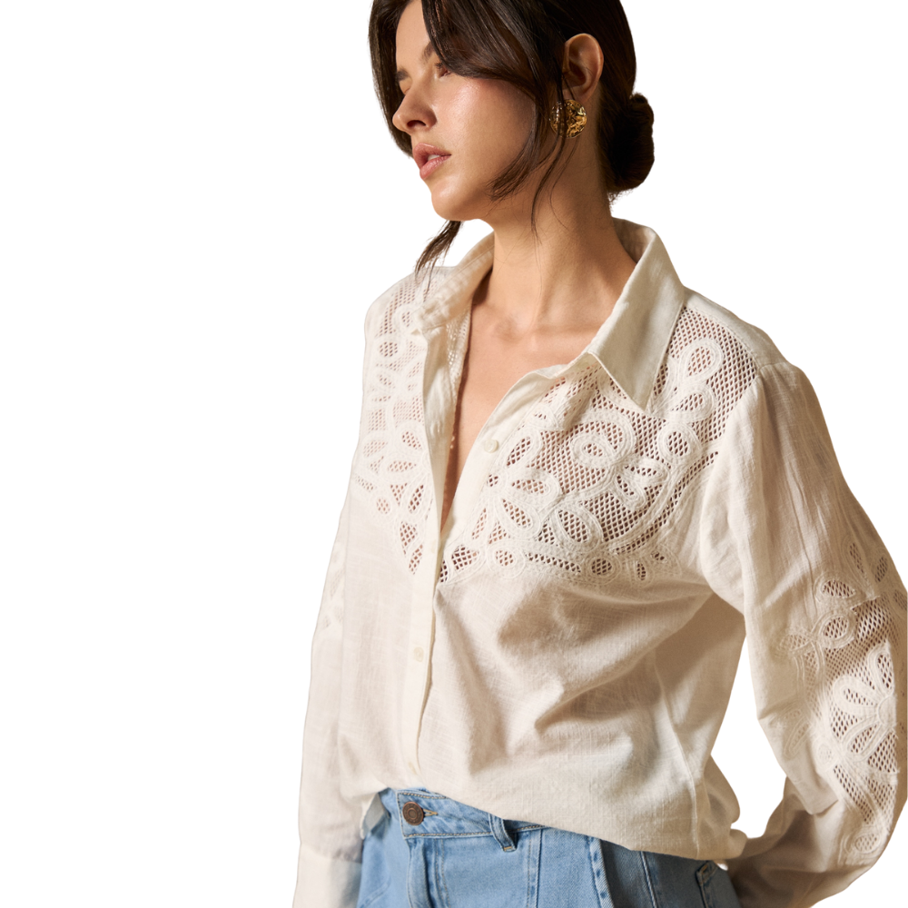Esprit | Camisa Manga Larga con Bordados Calados para Dama