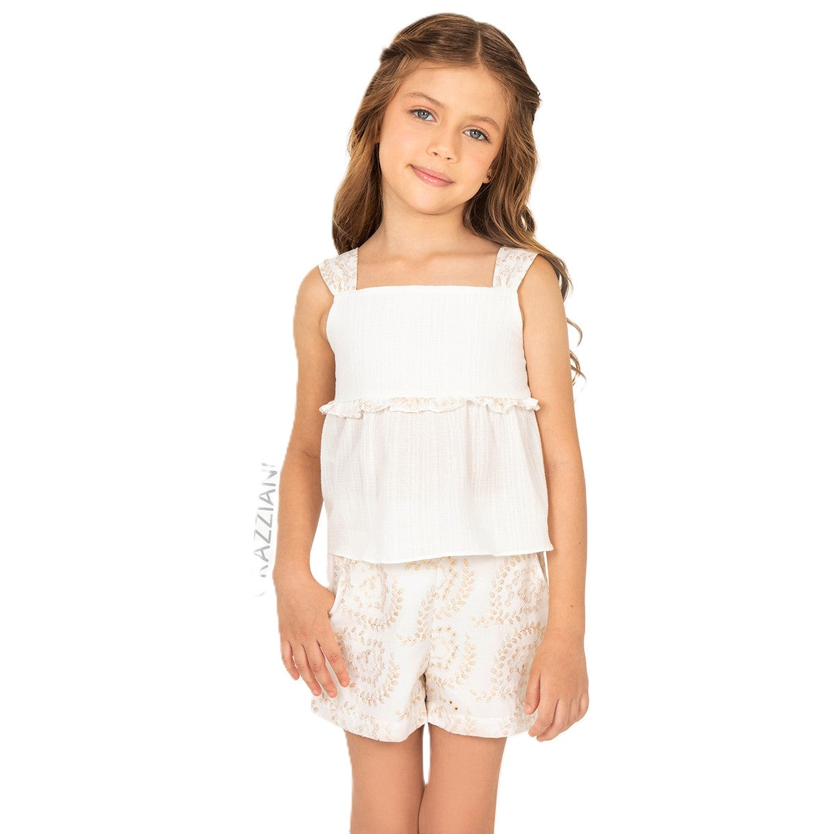 Grazziani | Conjunto Blusa y Short Brillos Dorados para Niña