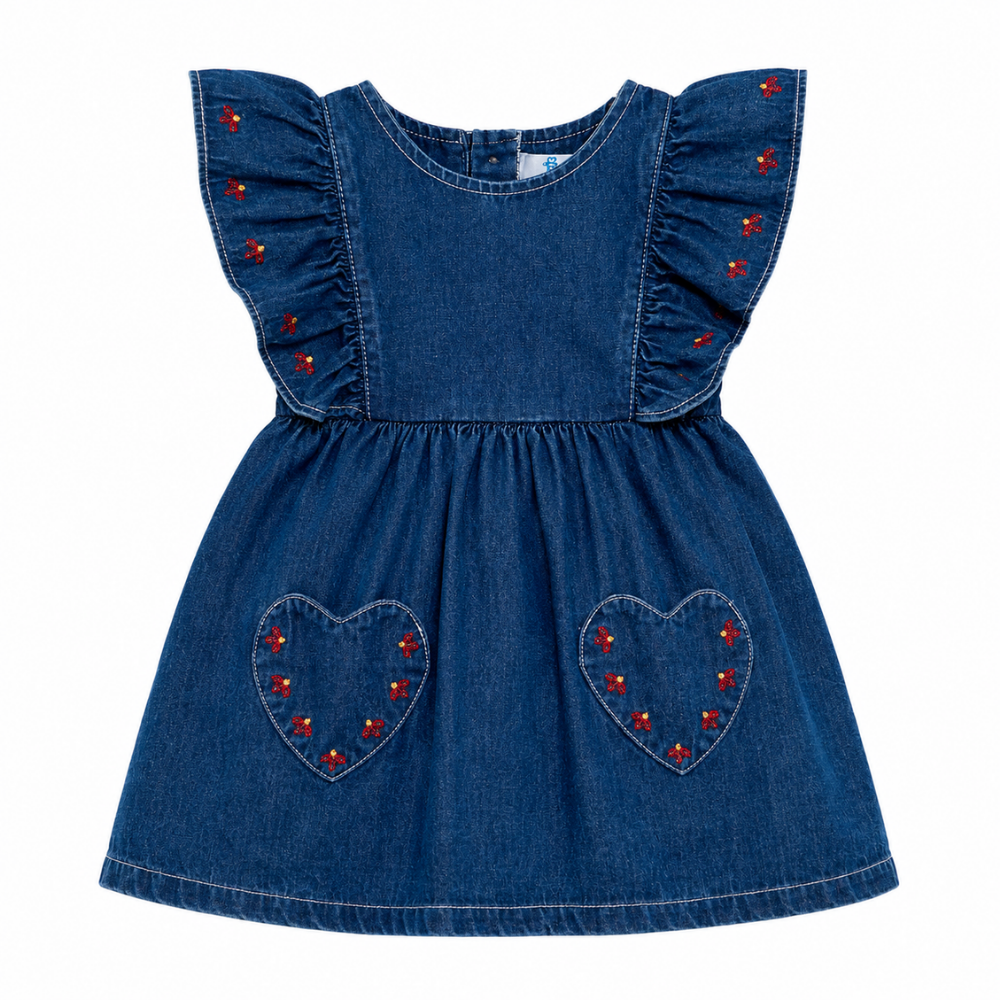 Monix's | Vestido Denim con Bolsillos de Corazón para Niña Bebé