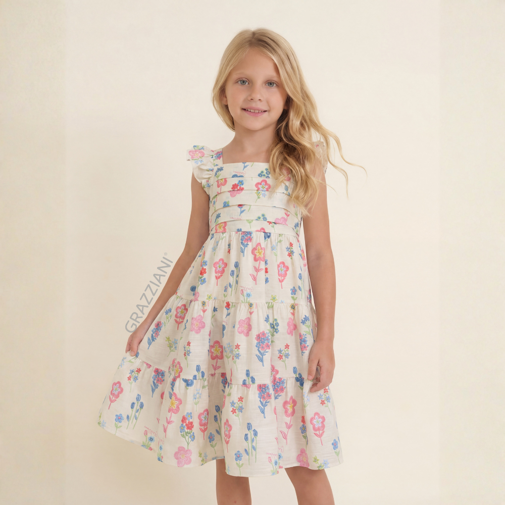 Grazziani | Vestido de Estampado Floral y Mangas de Volante para Niña