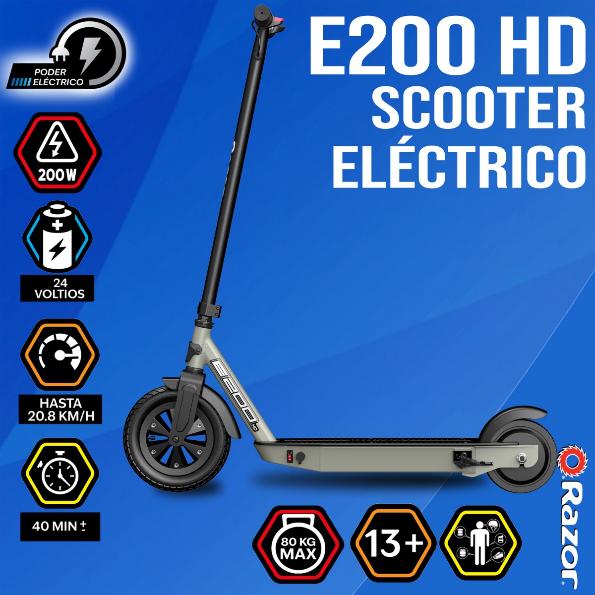 Razor E200 HD, Scooter Eléctrico, Gris