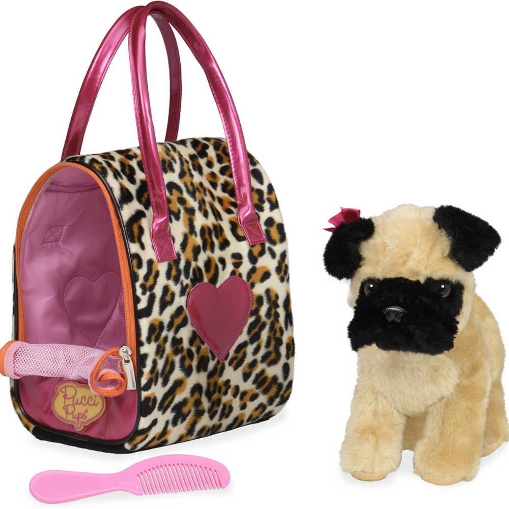 Pucci Pup | Peluche de Carlino en Bolsa con Estampado de Leopardo