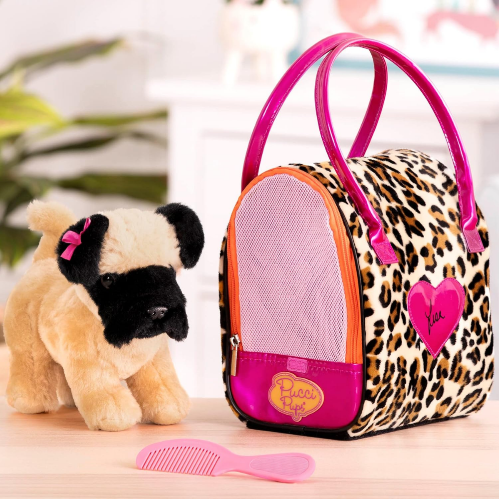 Pucci Pup | Peluche de Carlino en Bolsa con Estampado de Leopardo