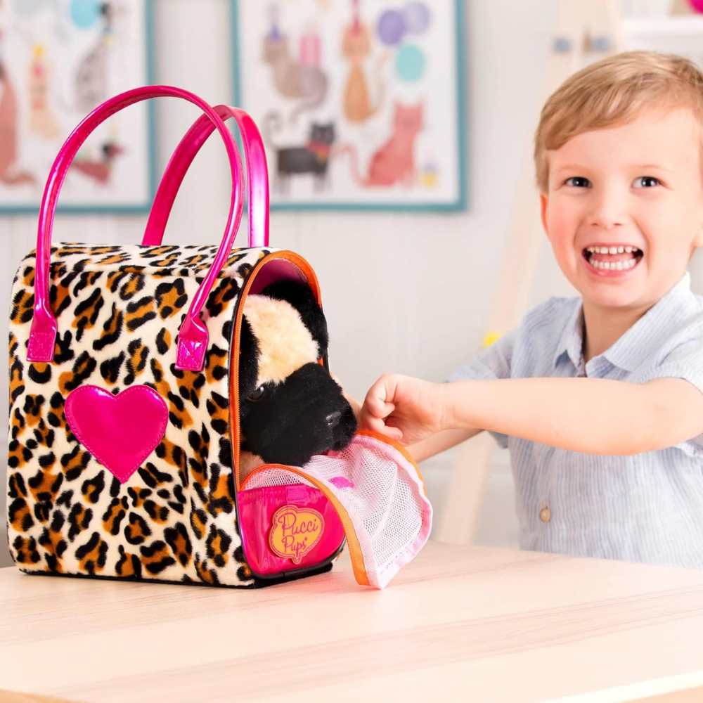 Pucci Pup | Peluche de Carlino en Bolsa con Estampado de Leopardo