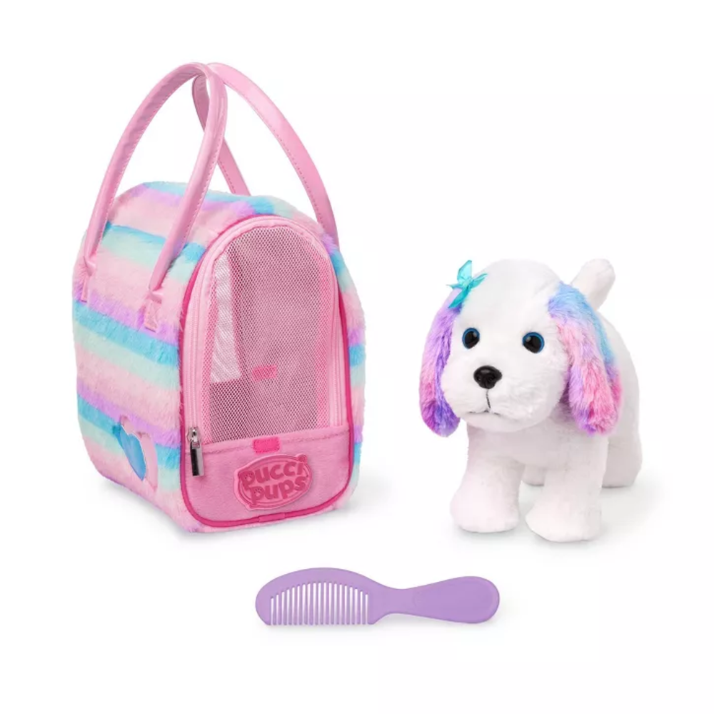 Pucci Pup | Pink & Blue Maltese in Striped Bag