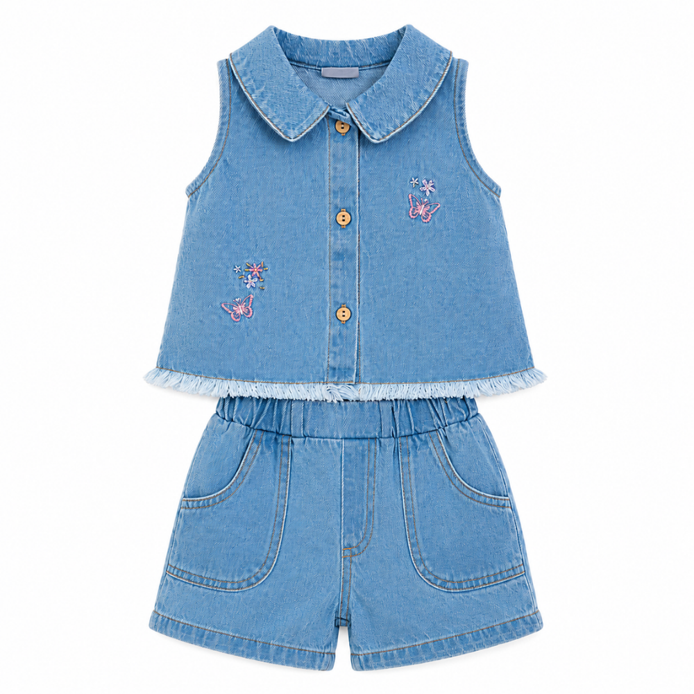 Monix's | Conjunto Denim Bordado con Chaleco y Short para Niña