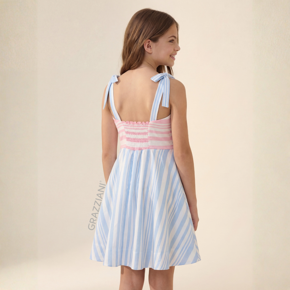 Grazziani | Vestido de Rayas Bicolor Coral y Celeste para Niña