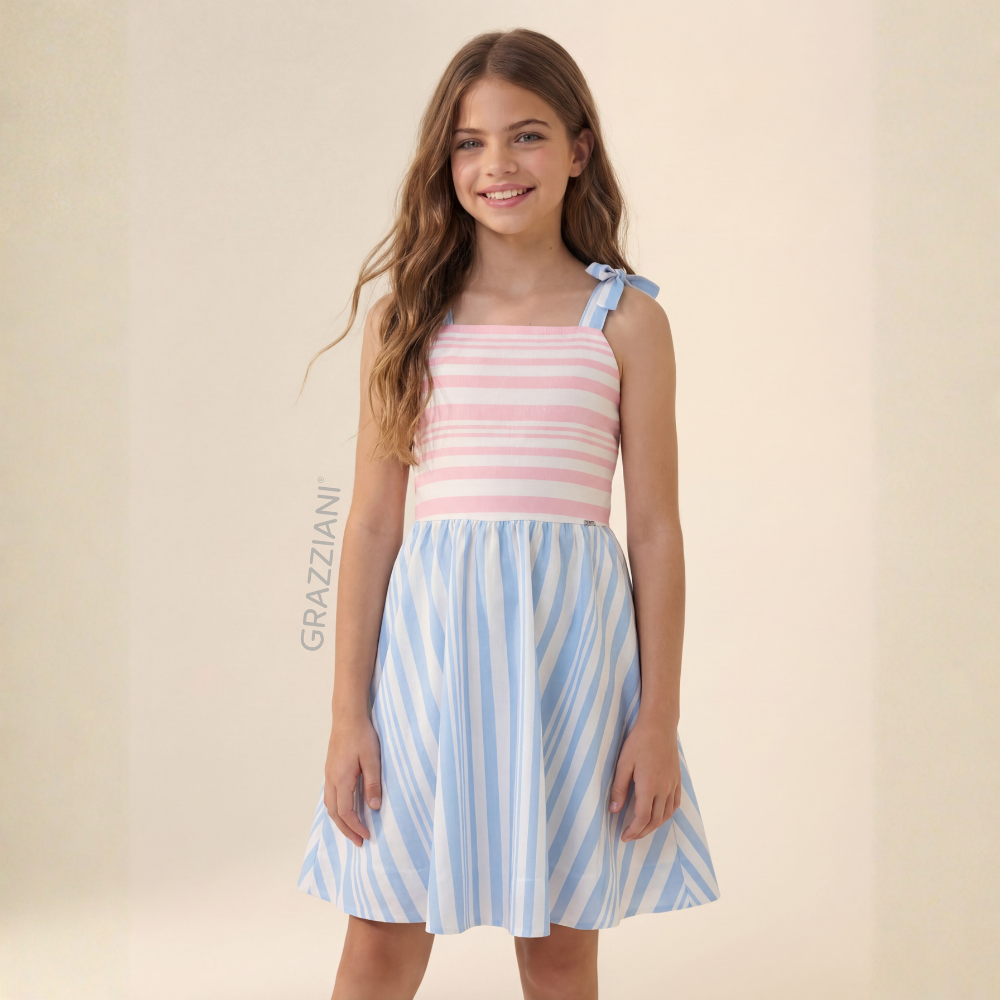 Grazziani | Vestido de Rayas Bicolor Coral y Celeste para Niña