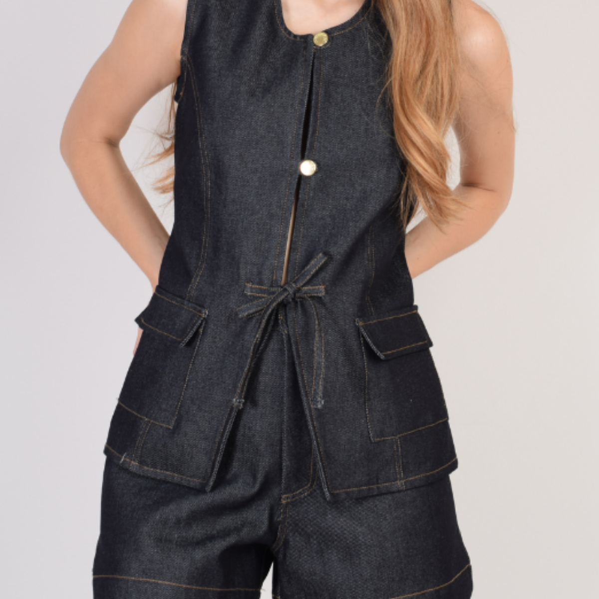 Zocca | Set Denim Chaleco Botones Y Lazo + Short