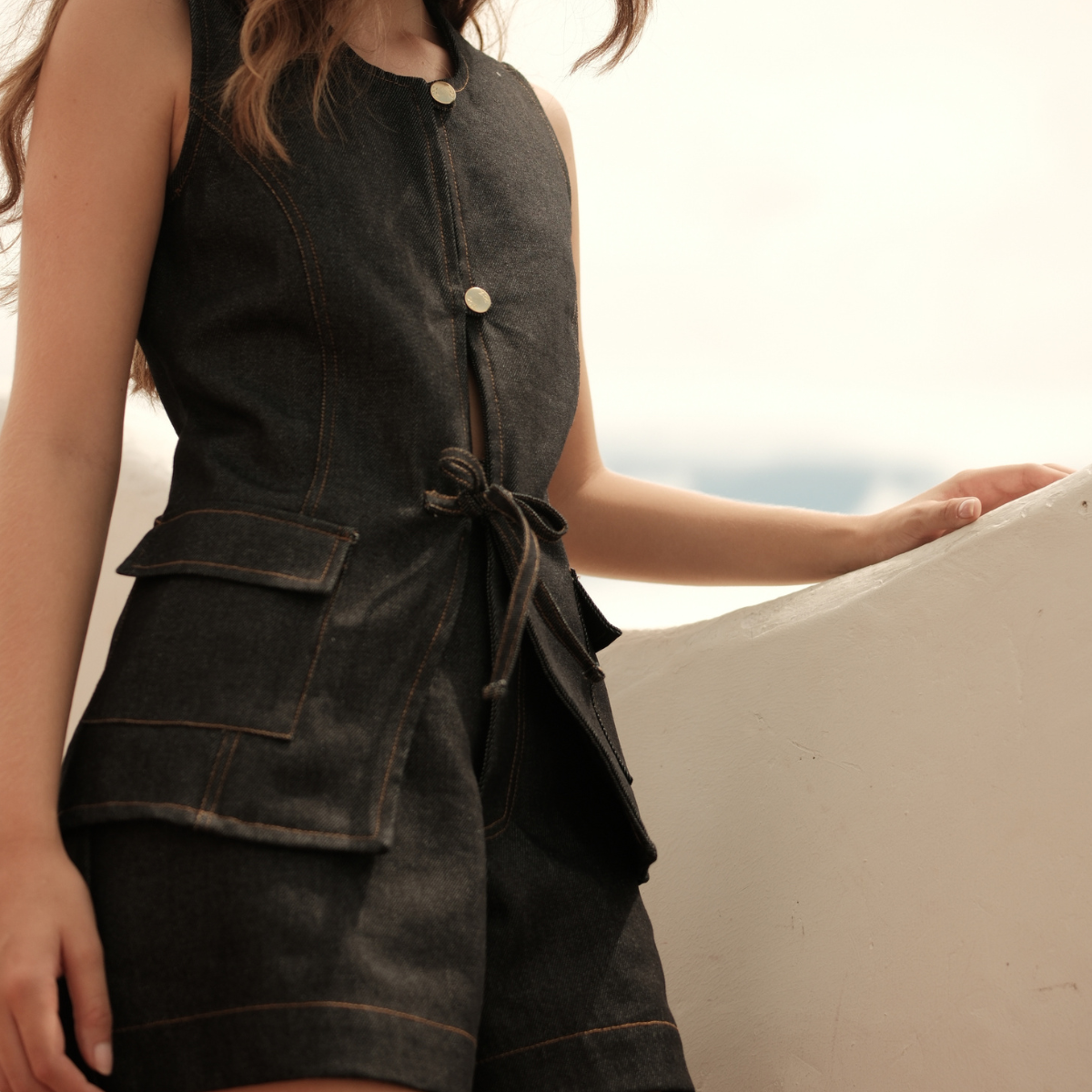 Zocca | Set Denim Chaleco Botones Y Lazo + Short