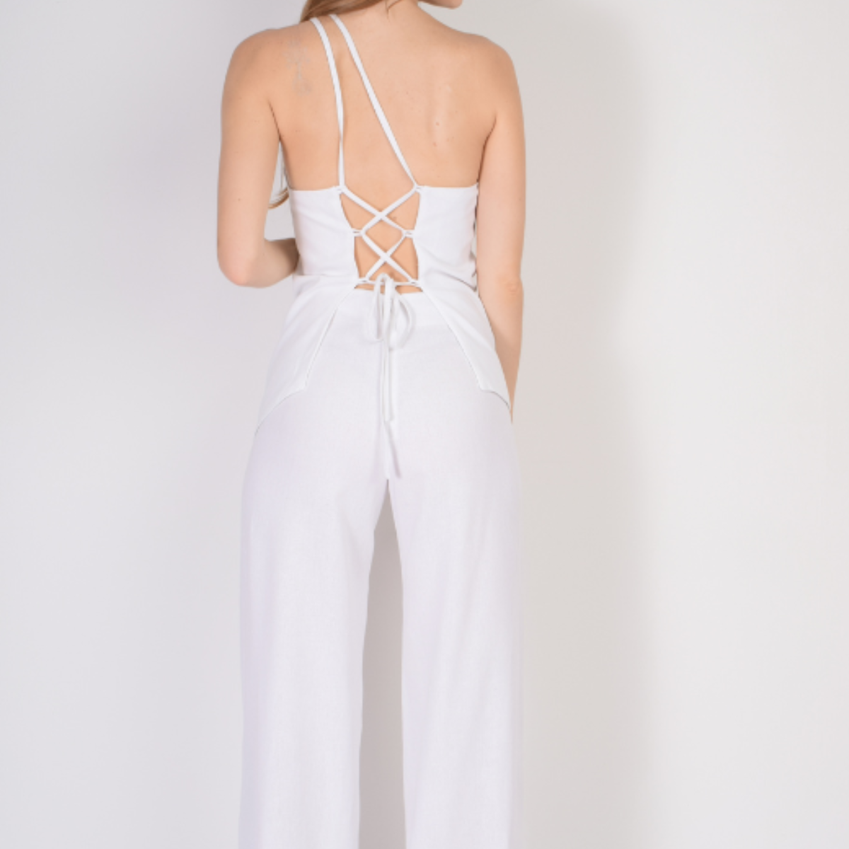 Zocca | Set lino blanco Top One Shoulder + Pantalón para Dama