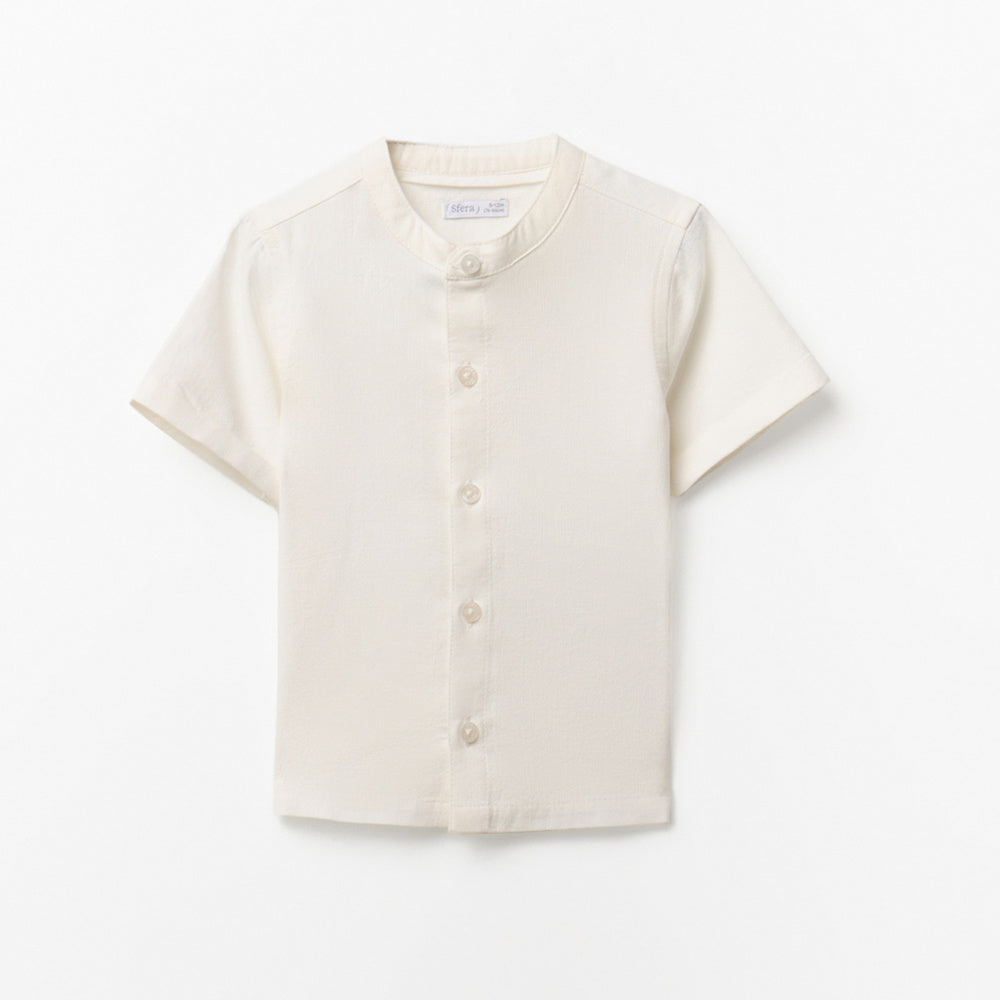 Camisa de algodón de manga corta y cuello mao blanco