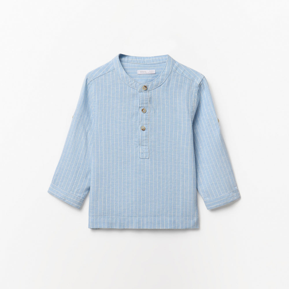 camisa de rayas de lino y algodón con cuello mao azul