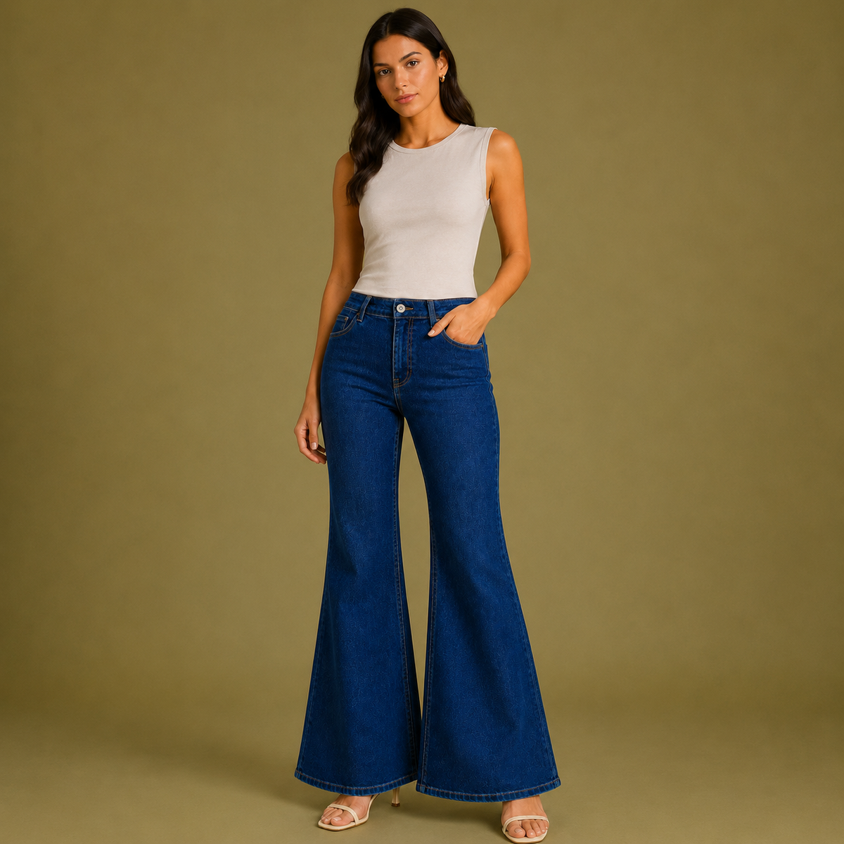 Olea | Vaqueros Denim de Tiro Alto Estilo Campana para Dama
