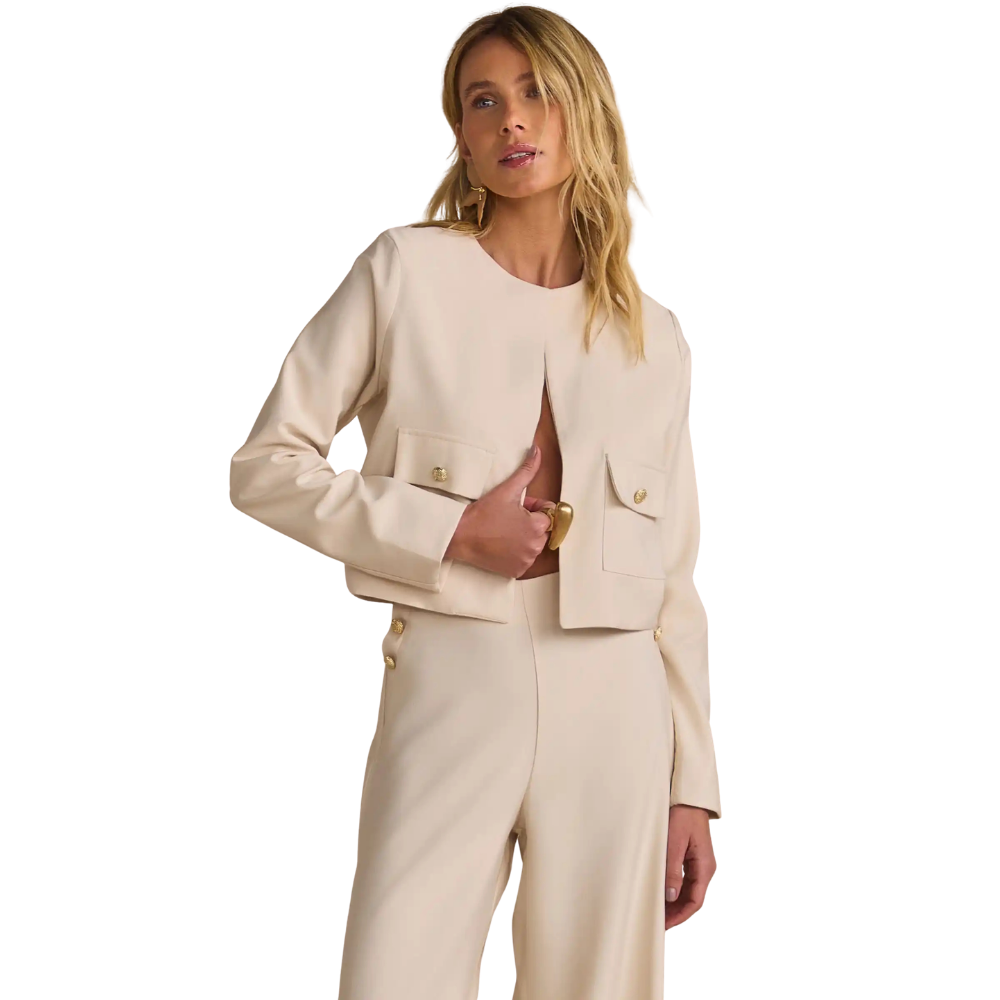 Linzzi | Chaqueta Crop de Sastrería con Bolsillos de Solapa para Dama