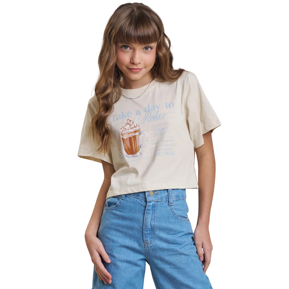 Vic Vicky | Camiseta Crop Top Gráfica de Café para Niña