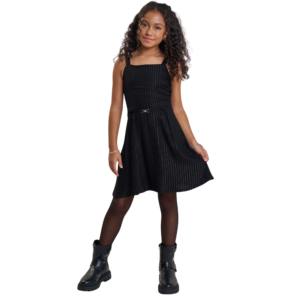 Vic Vicky | Vestido Negro de Tirantes con Raya Diplomática para Niña