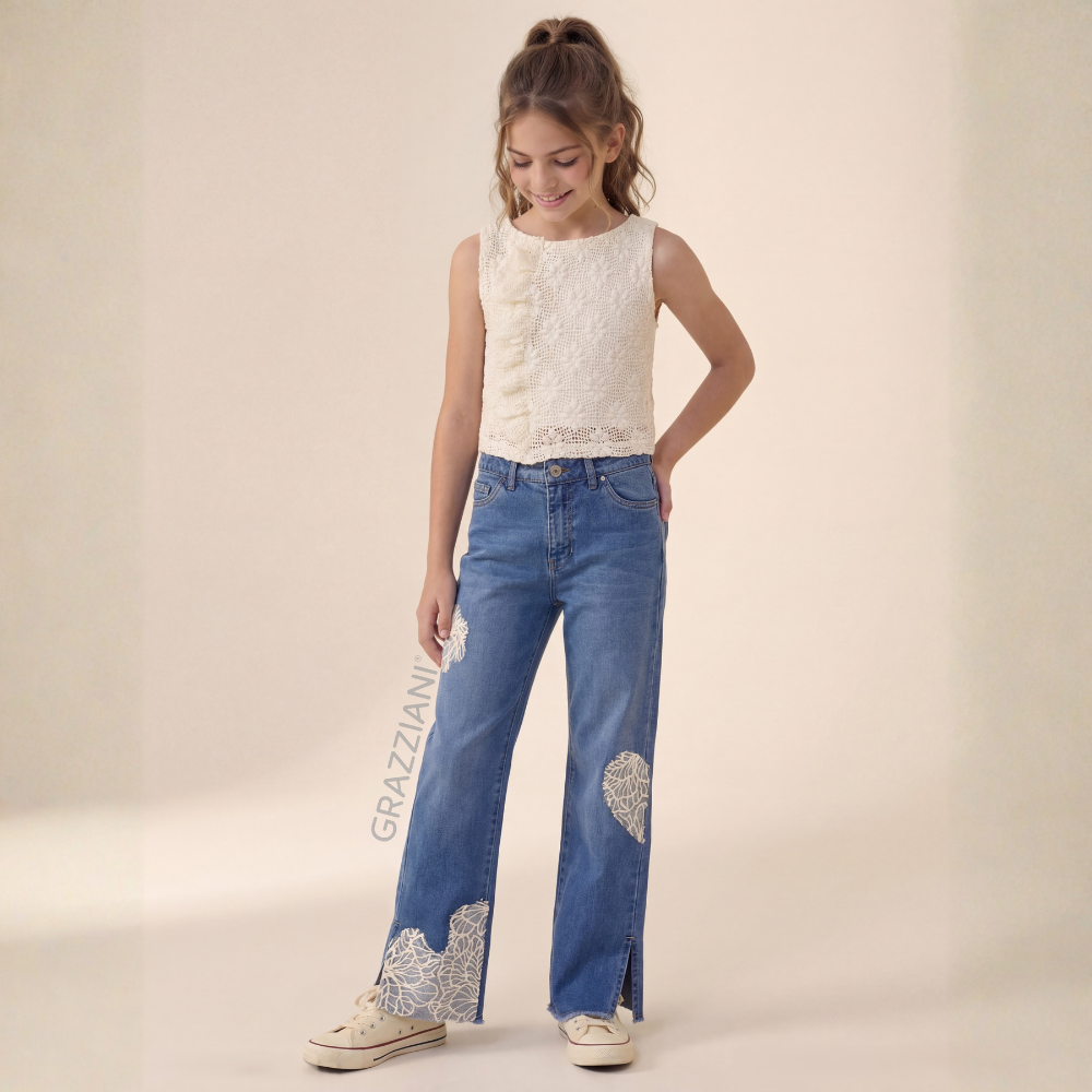 Grazziani | Jeans Wide Leg con Aplique de Encaje para Nina