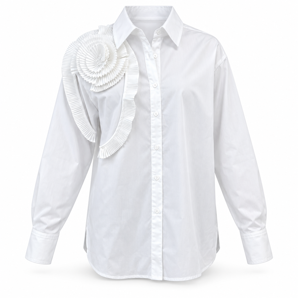 Olea | Camisa Blanca con Volante Floral Plisado para Dama