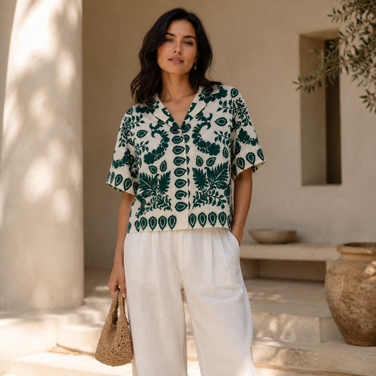 Olea | Camisa Estampada de Manga Corta en Verde