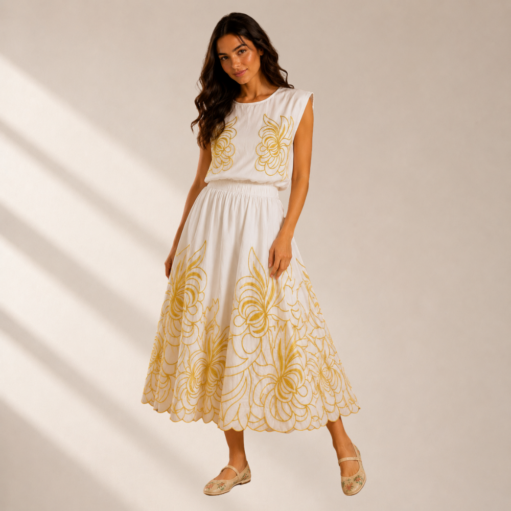 Olea | Falda Midi Bordada con Diseño Floral para Dama