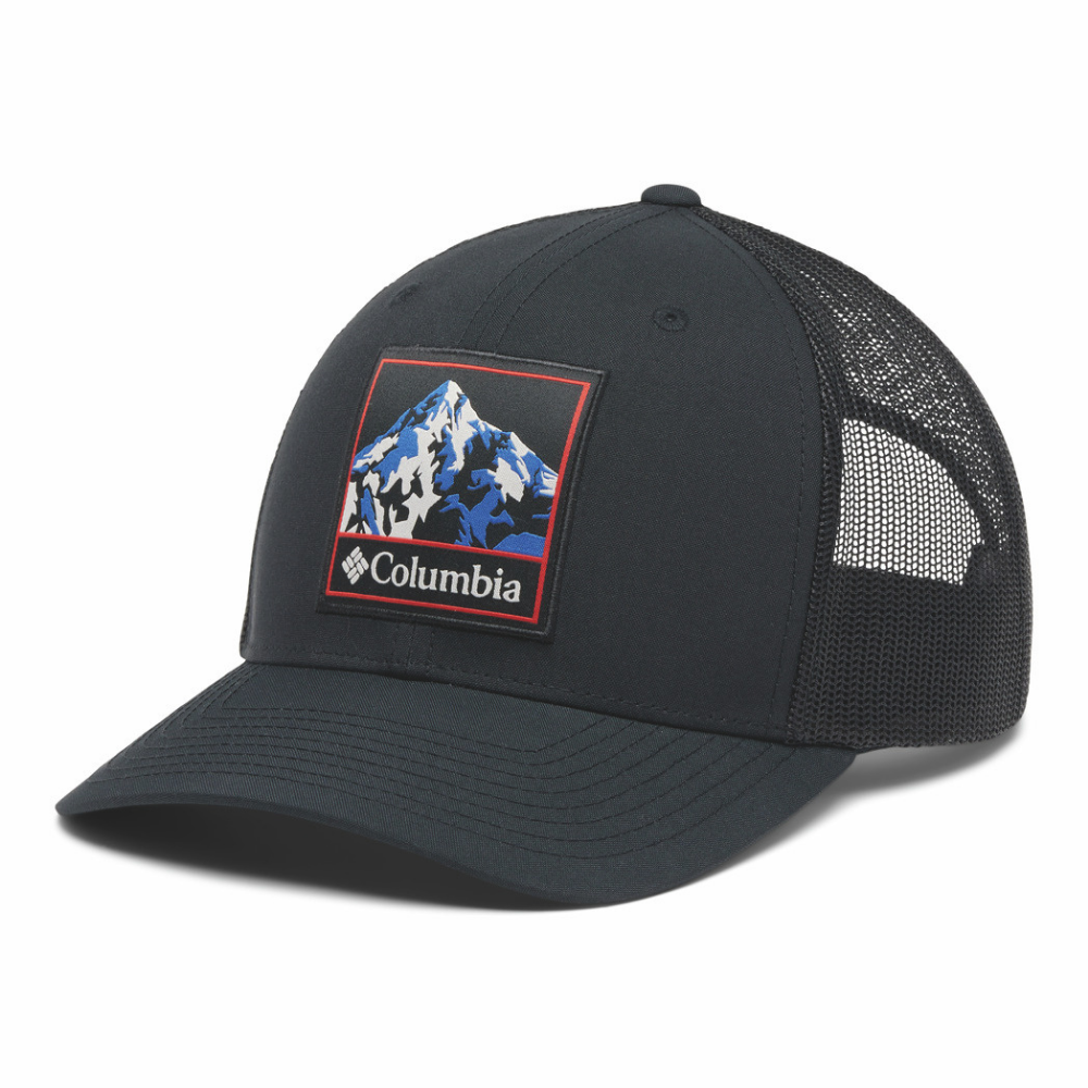 Gorra snapback Columbia negra con logotipo y malla para mayor ventilación, ideal para senderismo.