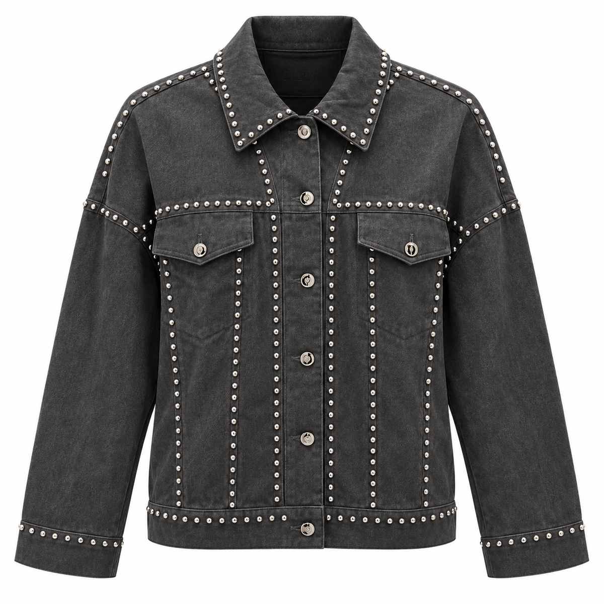 Olea | Chaqueta Oversized Gris con Tachuelas Plateadas para Dama