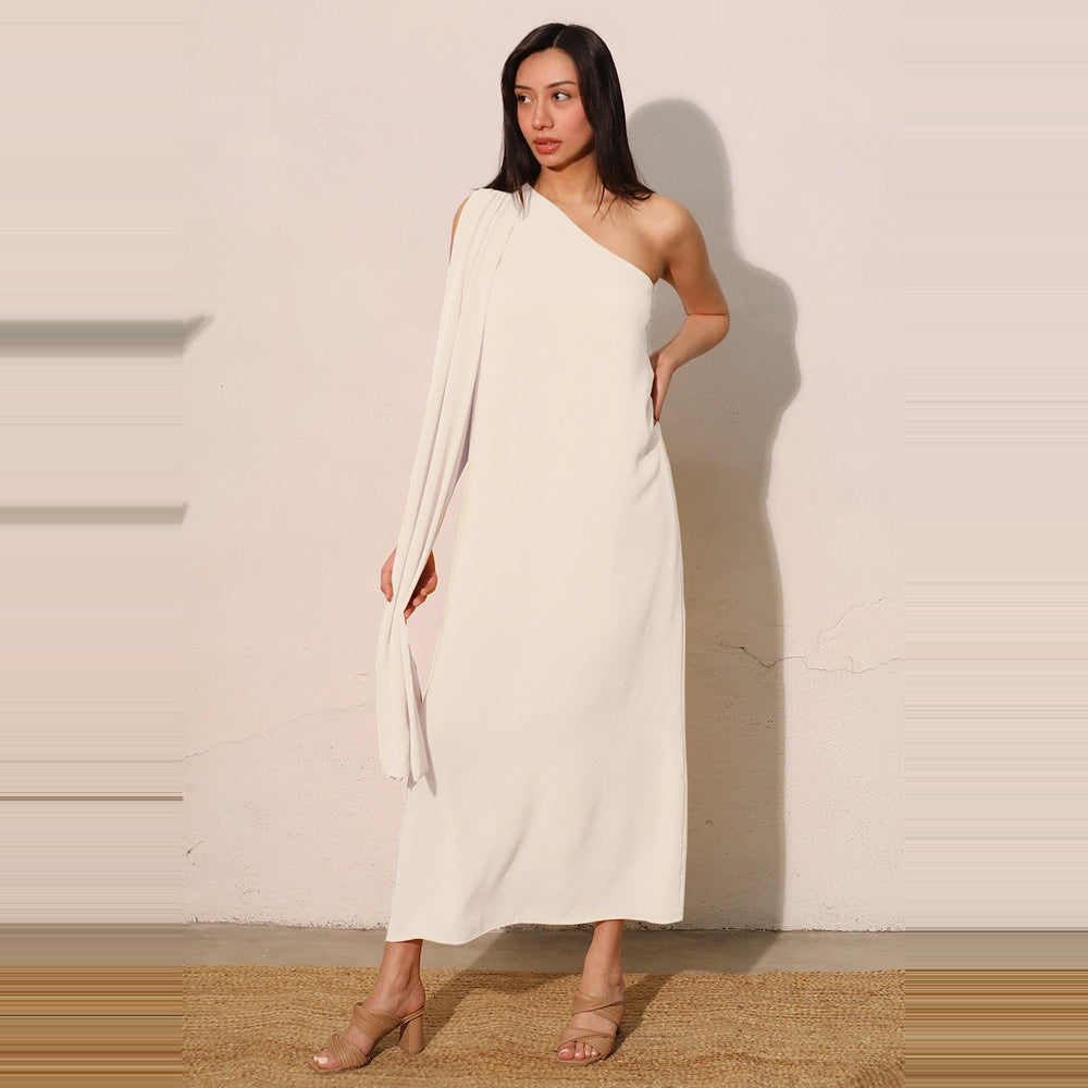 Vestido Maxi de Sarga con Drapeado al Hombro para Dama