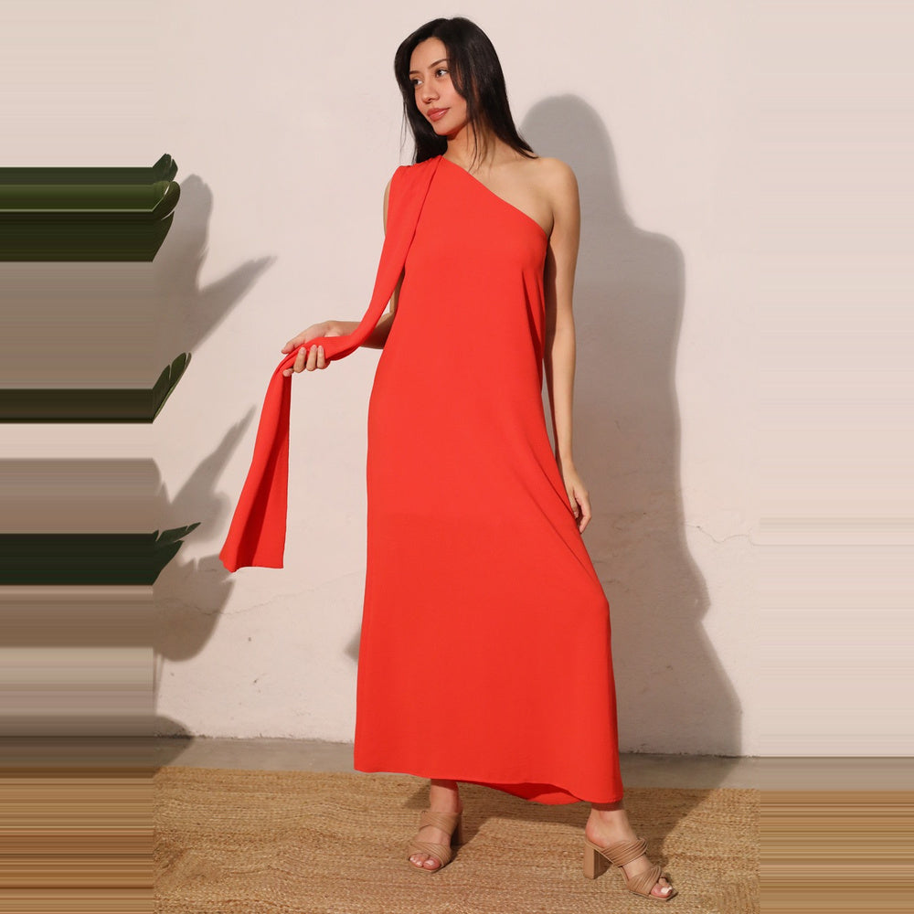Vestido Maxi de Sarga con Drapeado al Hombro para Dama