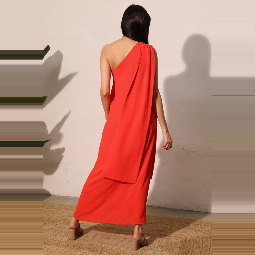 Vestido Maxi de Sarga con Drapeado al Hombro para Dama
