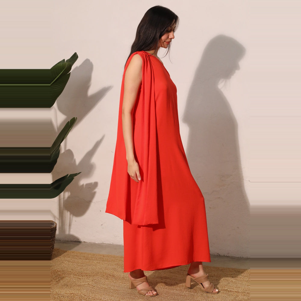 Vestido Maxi de Sarga con Drapeado al Hombro para Dama