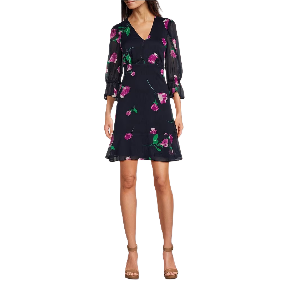 DKNY  | Womens Blue 3/4 Sleeve V-Neck Floral Print Fit &amp; Flare