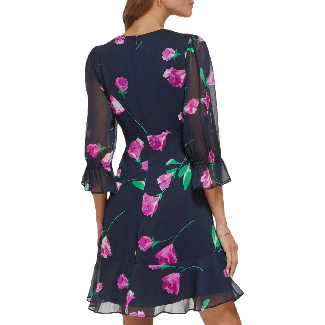 DKNY  | Womens Blue 3/4 Sleeve V-Neck Floral Print Fit &amp; Flare
