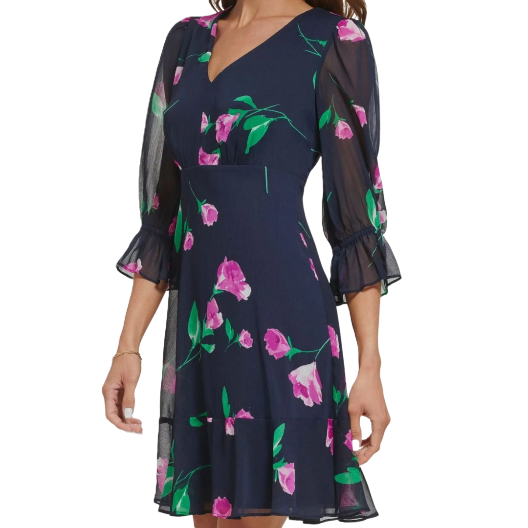 DKNY  | Womens Blue 3/4 Sleeve V-Neck Floral Print Fit &amp; Flare