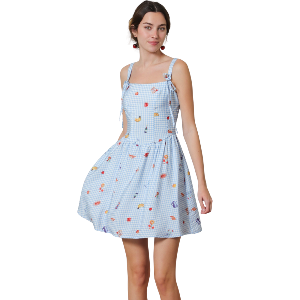Vestido Corto Gingham con Estampado Frutal para Dama