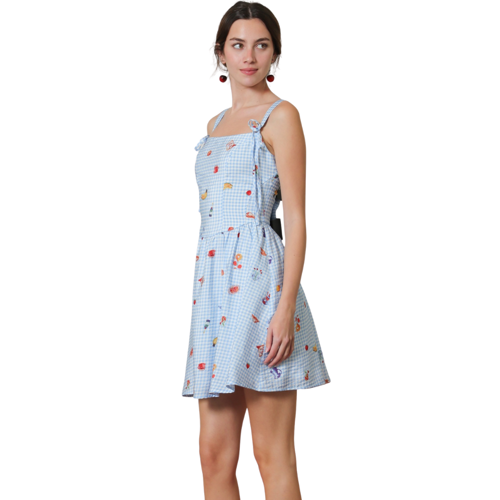 Vestido Corto Gingham con Estampado Frutal para Dama