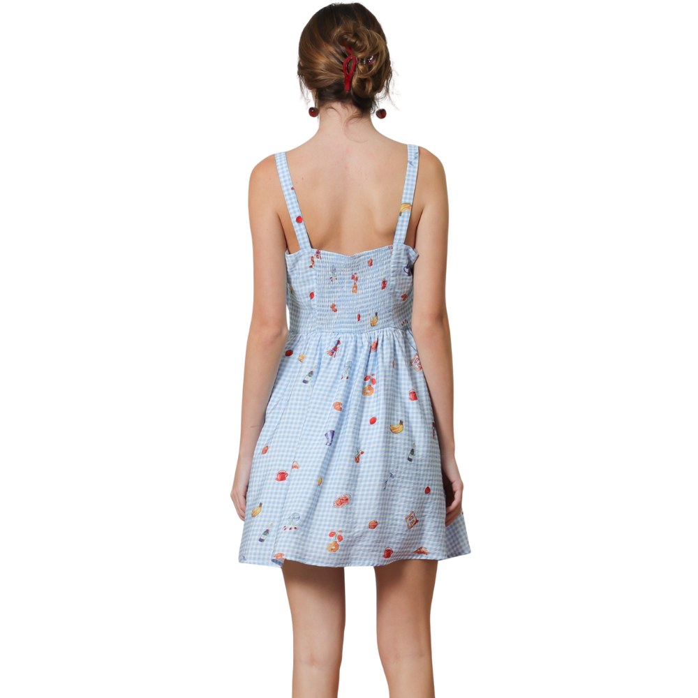 Vestido Corto Gingham con Estampado Frutal para Dama