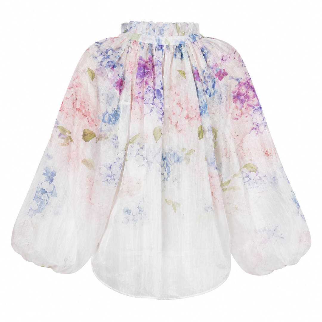 Olea Blusa floral de manga larga con cuello fruncido
