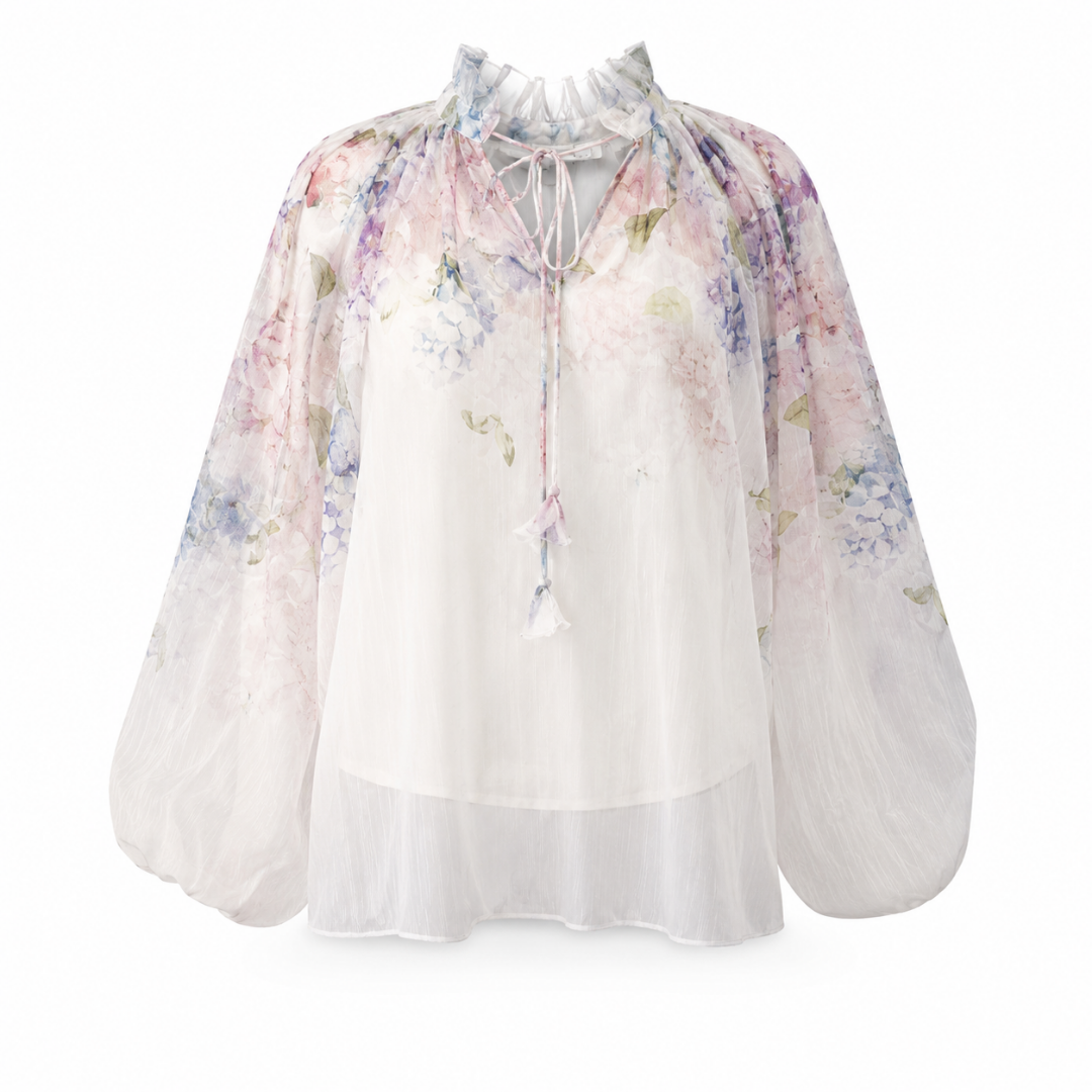 Olea Blusa floral de manga larga con cuello fruncido